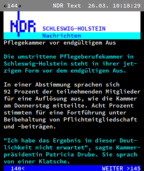 NDR Videotext zur Abstimmung zum Ergebnis der Abstimmung über die Pflegeberufekammer